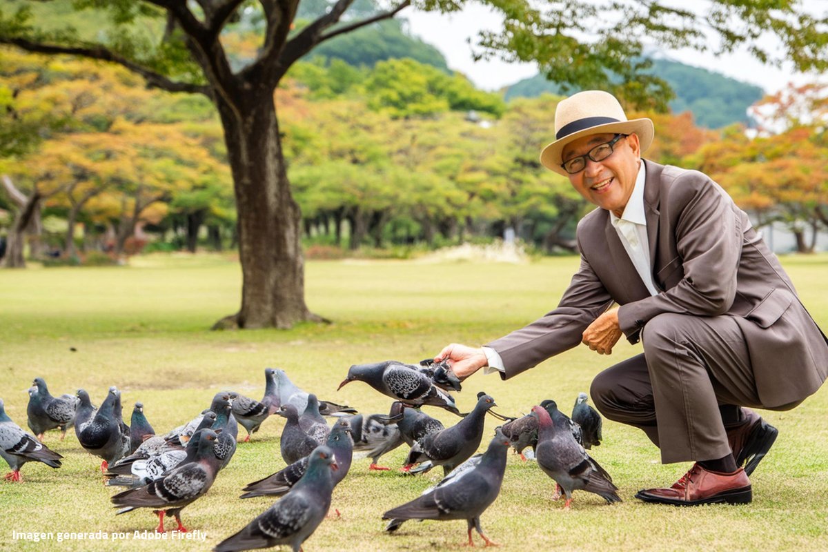 japonés dandole de comer a las palomas en osaka