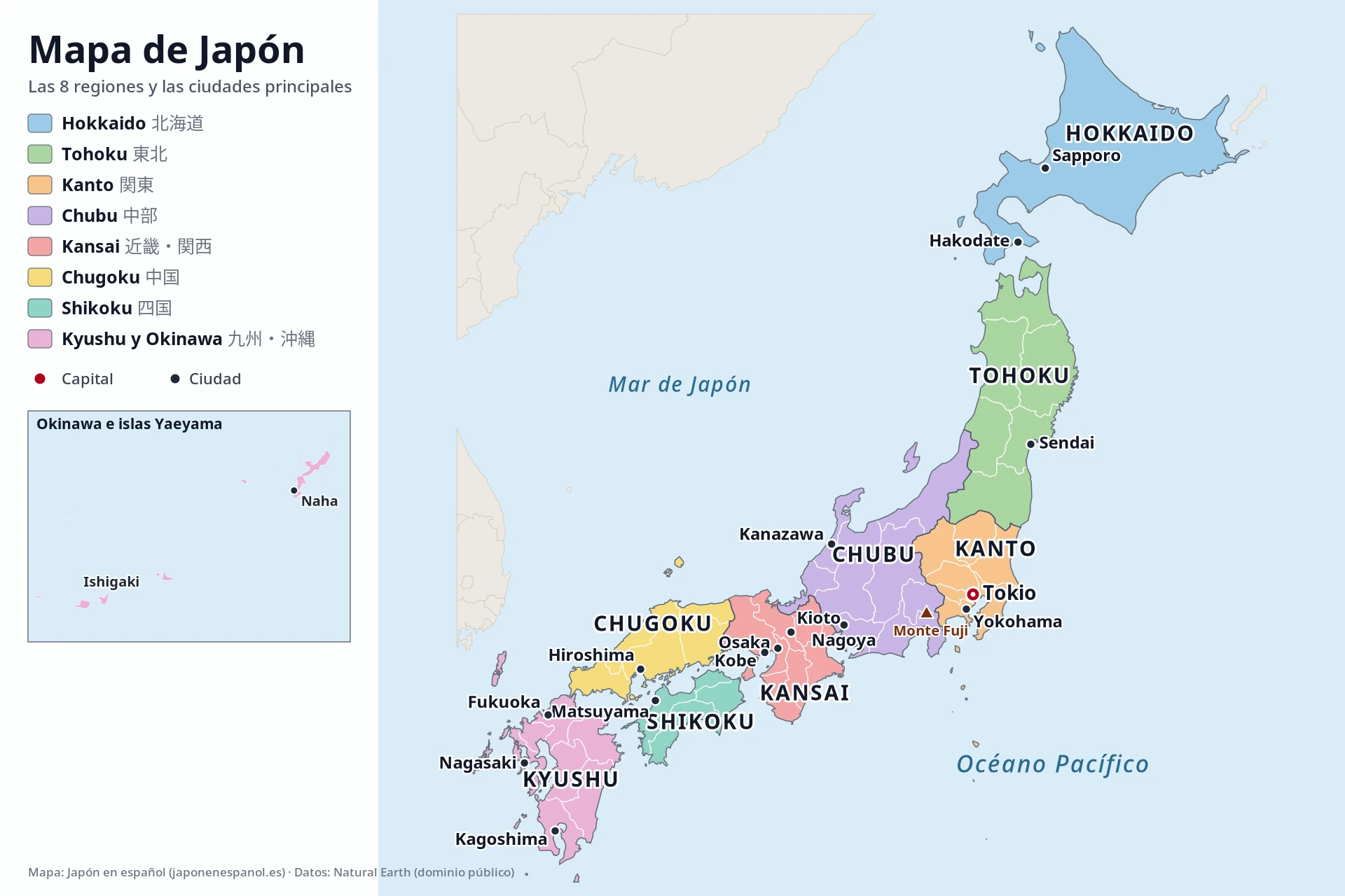 Mapa de Japón con las 8 regiones en colores, las ciudades principales como Tokio, Osaka, Kioto, Sapporo y Fukuoka, y Okinawa en un recuadro