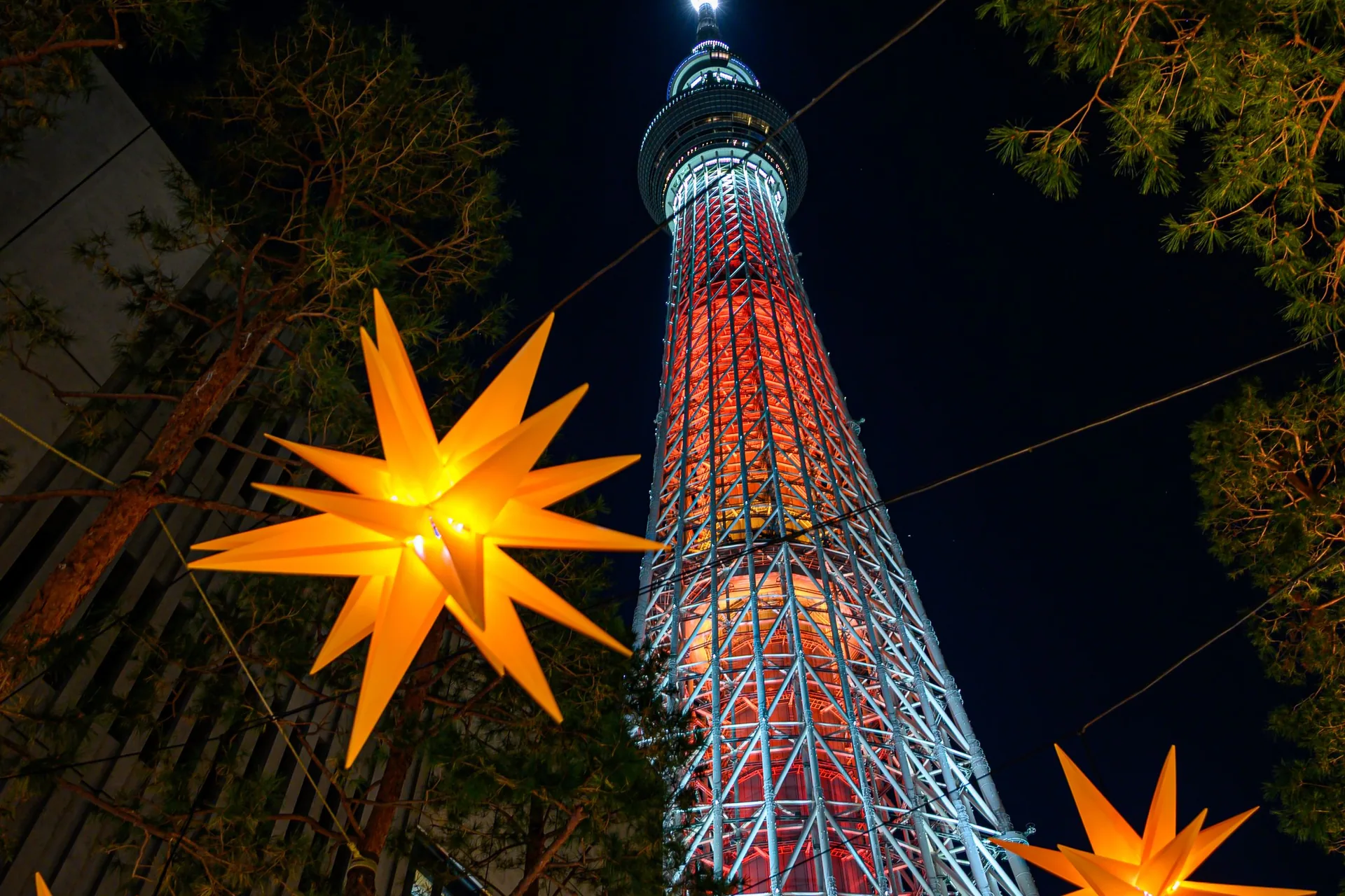 Tokyo Skytree iluminado de noche con estrellas navideñas de luz en primer plano